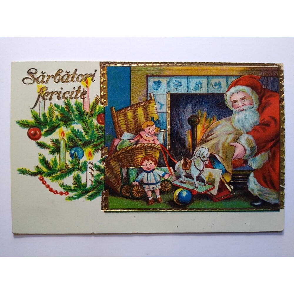 Vintage Romanian Christmas Postcard Santa Fireplace Children 1931 Tree Gel Coat